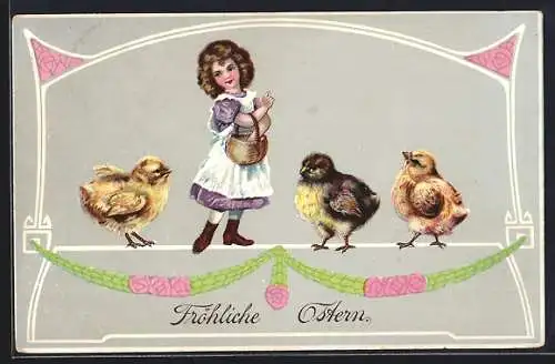 AK Mädchen mit Korb und drei Osterküken