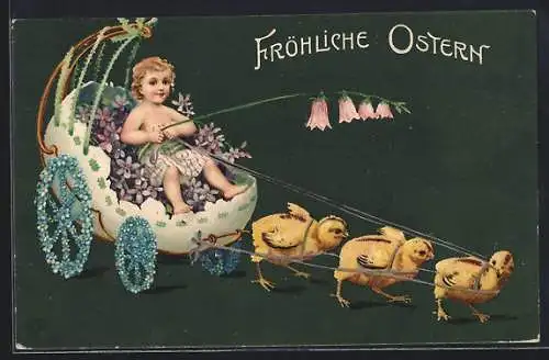 AK Osterküken ziehen ein Kind in einem Eier-Gespann