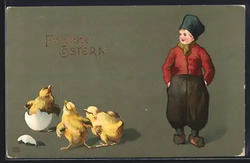 AK Junge in Holzschuhen mit drei Osterküken