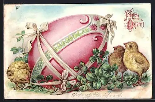 AK Osterküken mit Kleeblättern