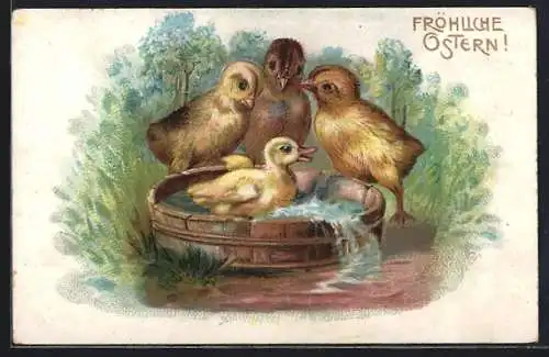 AK Osterküken und Entenküken mit einer Badewanne im Wald