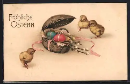 AK Drei Osterküken mit einem Osterkorb