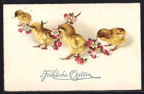 AK Osterküken mit schönen Blumen in den Schnäbeln