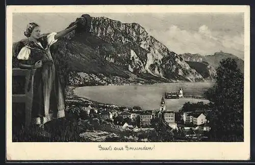 AK Gmunden, Gesamtansicht mit Trachtenmädchen und Bergpanorama aus der Vogelschau