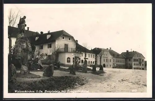 AK Waizenkirchen, Hauptplatz mit Kriegerdenkmal und Tabak-Trafik