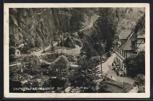 AK Gutau, Gasthaus Waldaist mit Brücke und Strasse aus der Vogelschau