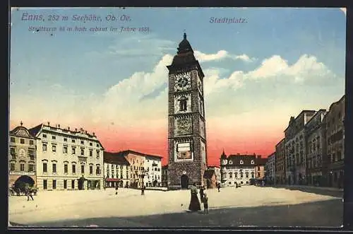 AK Enns, Stadtplatz mit Stadtturm