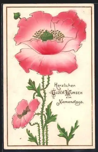 Präge-AK Rosafarbene Blumen, Glückwunsch zum Namenstag