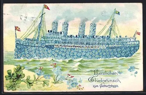 AK Vergissmeinnicht-Schiff im Meer, Glücksklee, Geburtstagsgruss