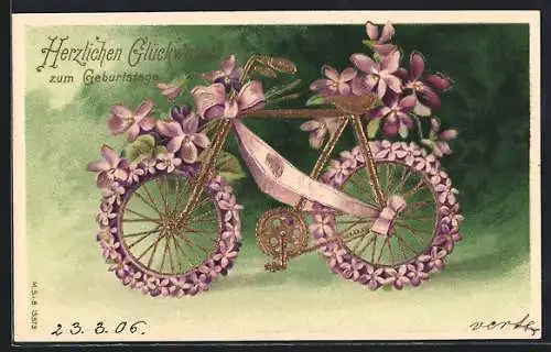 Präge-AK Blumen-Fahrrad mit Schleife, Geburtstagsgruss