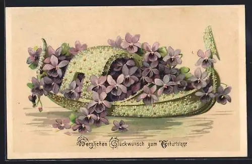 Präge-AK Blumenboot auf dem Wasser, Geburtstagsgruss