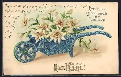 Präge-AK Vergissmeinnicht-Schubkarre mit Edelweiss, Namenstagsgruss Karl