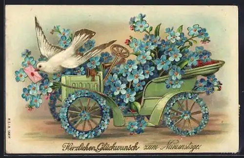 AK Blumenbild mit Auto und Friedenstaube