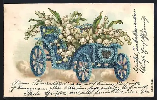 Präge-AK Vergissmeinnicht-Automobil mit Maiglöckchen