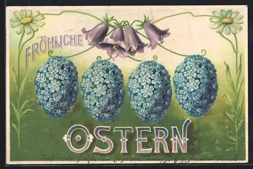 Präge-AK Vergissmeinnicht-Ostereier, Glockenblumen, Ostergruss