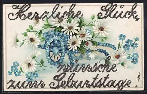 AK Vergissmeinnicht-Schubkarre mit Margeriten, Geburtstagsgruss
