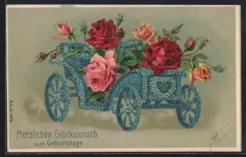 Präge-AK Vergissmeinnicht-Automobil mit Rosen, Geburtstagsgruss