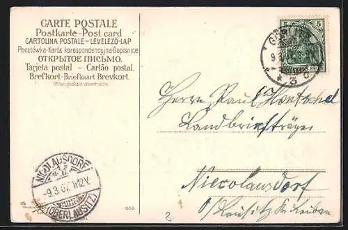 Präge-AK Vergissmeinnicht-Ofen mit Scheinwerfer, Glücksklee, Geburtstagsgruss