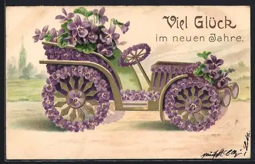 Präge-AK Blumenauto auf einer Strasse, Neujahrsgruss