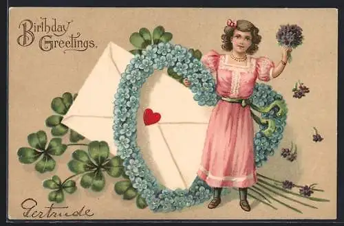 AK Glückwunsch zum Geburtstage, Mädchen mit Vergissmeinnichtherz