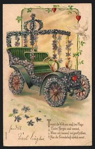 Präge-AK Blumen-Automobil mit Taube und Brief