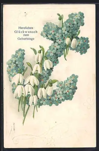 Präge-AK Vergissmeinnicht-Anker mit Schneeglöckchen, Geburtstagsgruss