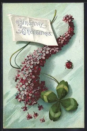 AK Geburtstagsgrüsse mit Glücksklee, Veilchen und Marienkäfer