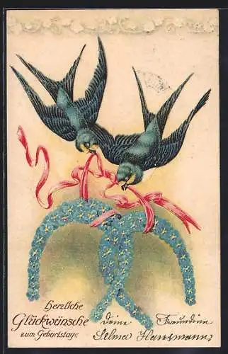 Präge-AK Vergissmeinnicht-Hufeisen, von Schwalben gehalten, Geburtstagsgruss