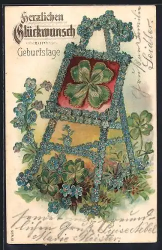 Präge-AK Vergissmeinnicht-Tafel mit Glückskleemotiv, Geburtstagsgruss