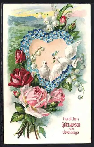 AK Vergissmeinnicht-Herz mit weissen Tauben vor Berglandschaft, Rosen, Geburtstagsgruss