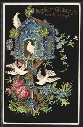 AK Vergissmeinnicht-Vogelhaus mit Tauben und Rosen, Namenstagsgruss