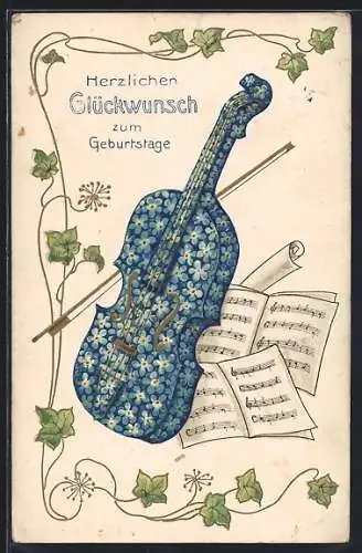 Präge-AK Vergissmeinnicht-Cello mit Noten, Efeu, Geburtstagsgruss