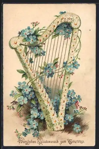 Präge-AK Harfe mit Margeriten- u. Vergissmeinnicht, Geburtstagsgruss