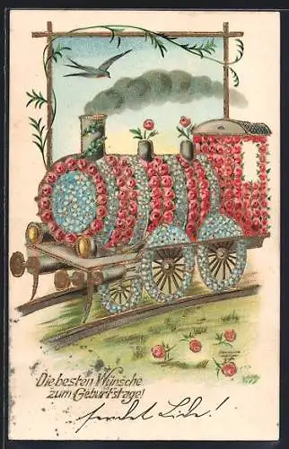 Präge-AK Vergissmeinnicht- und Rosen-Lokomotive, Schwalbe, Geburtstagsgruss