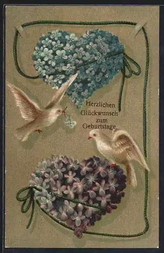 AK Zwei Blumenherzen mit Schwalben, Geburtstagsgruss