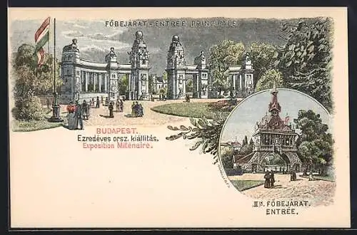 Lithographie Budapest, Exposition Millenaire, Föbejarat, Entree Principale