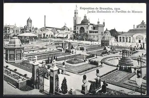 AK Bruxelles, Exposition 1910, Jardin Hollandais et Pavillon de Monaco