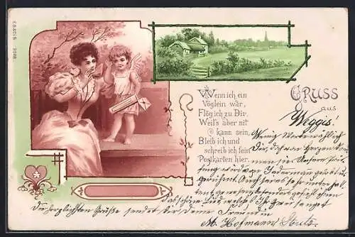 Lithographie Amor lauscht dem Fräulein, Ansichtskartengeschichte