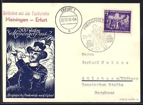 Künstler-AK Meiningen, 300 Jahre Meininger Post, Rückfahrt der Postkutsche nach Erfurt, Postbote mit Fanfare