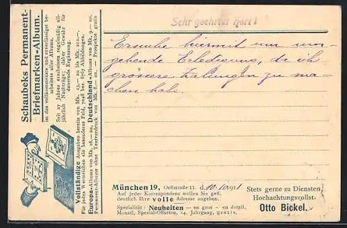 Künstler-AK München, Otto Bickel, Orffstrasse 11, Schaubeks Permanent-Briefmarken-Album