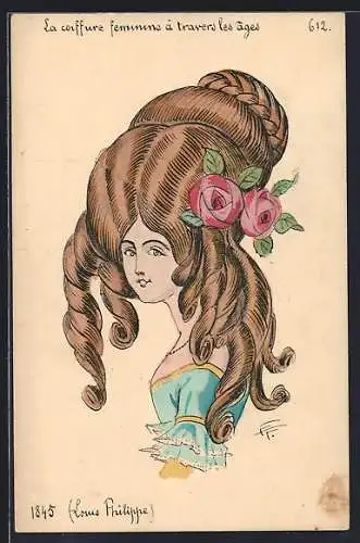 AK La coiffure feminine à travers les âges, 1845 Louis Philippe, Fräulein mit Hochsteckfrisur