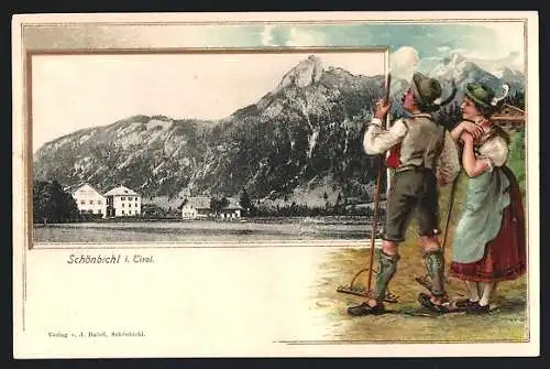 Passepartout-AK Schönbichl, Ortspartie mit Berg, Bauernpaar in Tracht