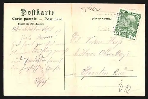 Passepartout-AK Schönbichl, Ortspartie mit Berg, Bauernpaar in Tracht