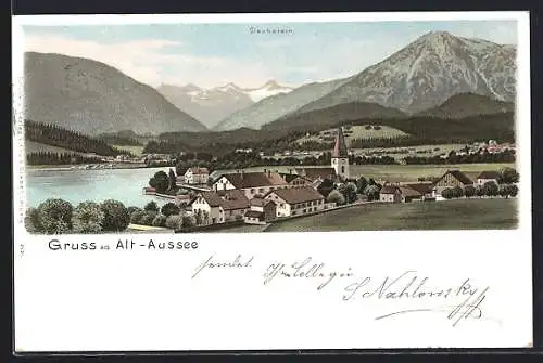 Lithographie Alt-Aussee, Ortsansicht gegen die Berge