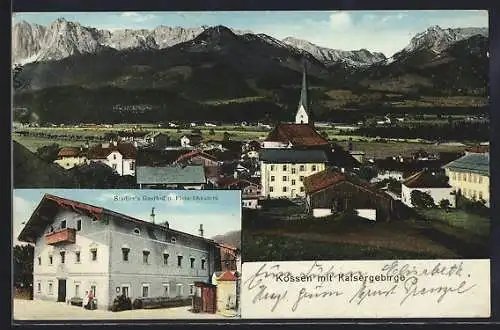 AK Kössen, Stadler`s Gasthof u. Fleischhauerei, Gesamtansicht mit Kaisergebirge