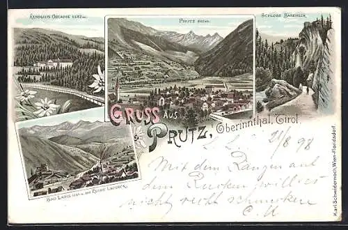 Lithographie Prutz i. Oberinnthal, Kurhaus Obladis, Schloss Bäreneck, Ruine Laudeck
