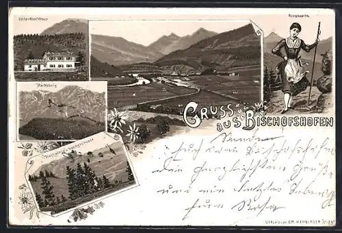 Lithographie Bischofshofen, Totalansicht, Unterkunftshaus, Hochkönig