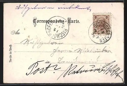 Lithographie Bischofshofen, Totalansicht, Unterkunftshaus, Hochkönig