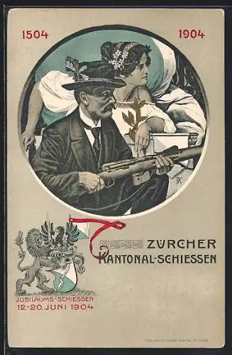 AK Zürich, Zürcher Kantonal-Schiessen, Jubiläums-Schiessen 1904, Schütze mit Helvetia, Löwe