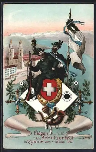 AK Zürich, Eidgen. Schützenfest 1907, Schützen mit Flagge, Gewehr und Kelch